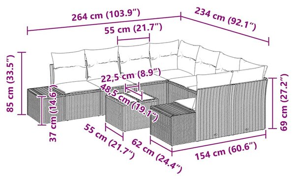 Kerti Kanapé Szett párnával 9 pcs Bézs polirattan