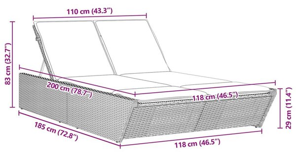 VidaXL Dupla Napozóágy - Fekete Polyrattan - 200cm