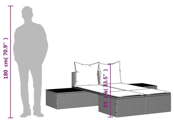 VidaXL szürke polyrattan dupla napozóágy párnával