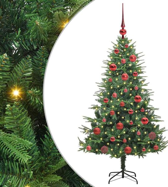 Műfenyő világítással és gömbkészlettel Zöld 150 cm PVC és PE