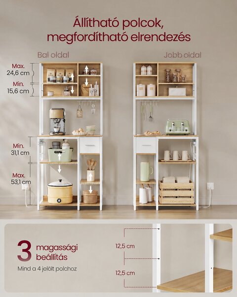 VASAGLE konyhai állvány konnektorokkal, 12 akasztóval, 80 cm, tölgy-fehér
