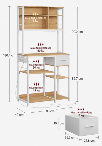 VASAGLE konyhai állvány konnektorokkal, 12 akasztóval, 80 cm, tölgy-fehér