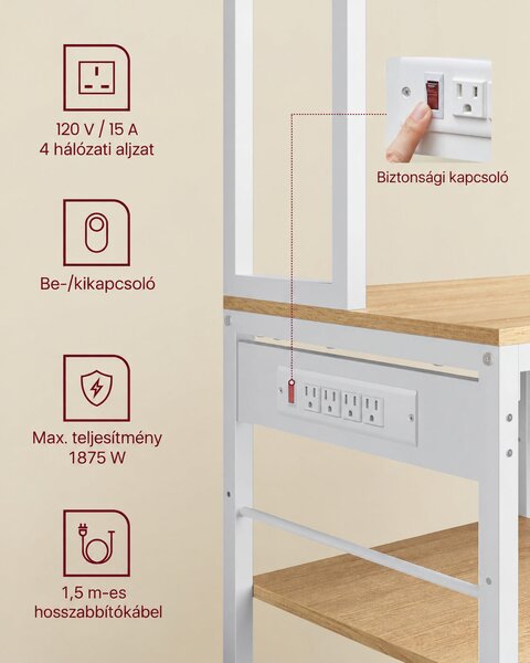 VASAGLE konyhai állvány konnektorokkal, 12 akasztóval, 80 cm, tölgy-fehér