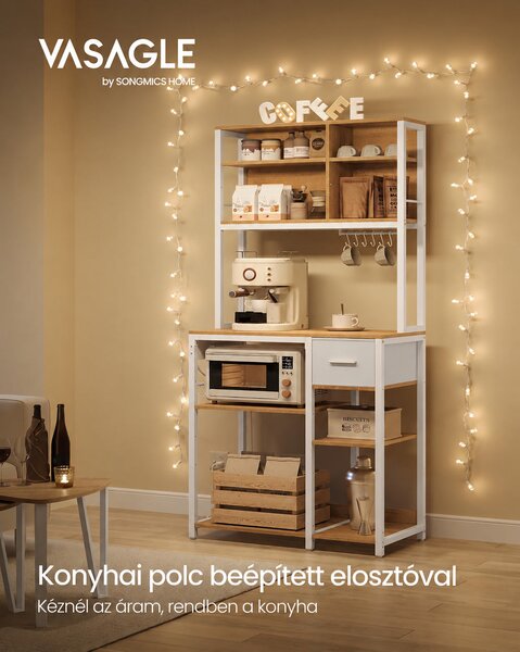 VASAGLE konyhai állvány konnektorokkal, 12 akasztóval, 80 cm, tölgy-fehér
