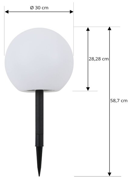 Lindby LED napelemes lámpa Lago, Ø 30 cm, gömb, földi tüske, fehér, Fehér / opál, Műanyag, Modern