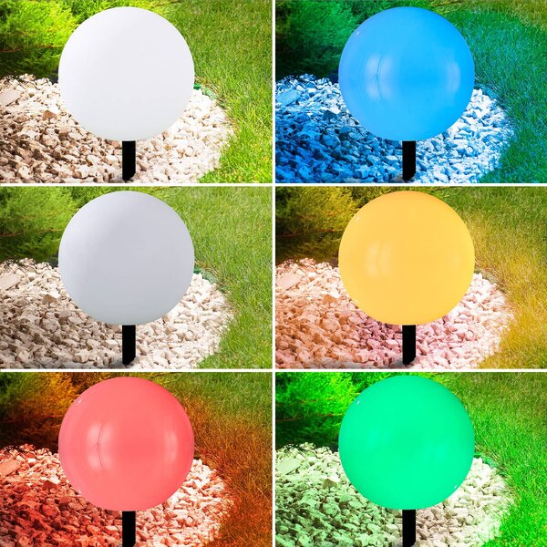 Lindby LED napelemes lámpa Lago, Ø 30 cm, gömb, földi tüske, fehér, Fehér / opál, Műanyag, Modern