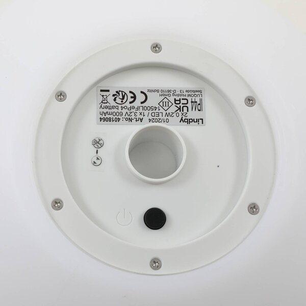 Lindby LED napelemes lámpa Lago, Ø 30 cm, gömb, földi tüske, fehér, Fehér / opál, Műanyag, Modern