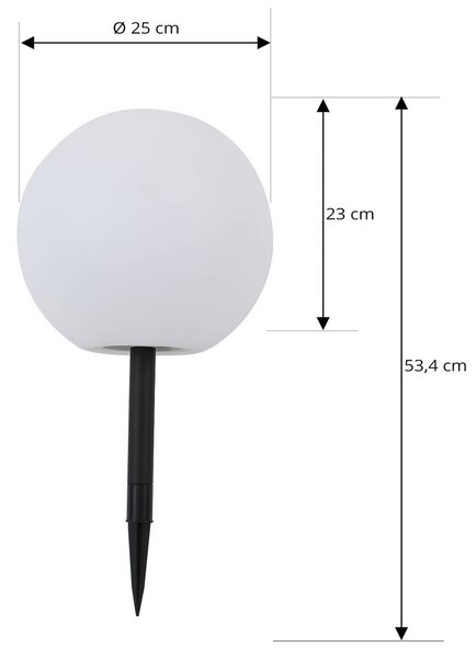 Lindby LED napelemes lámpa Lago, Ø 25 cm, gömb, földi tüske, fehér, Fehér / opál, Műanyag, Modern
