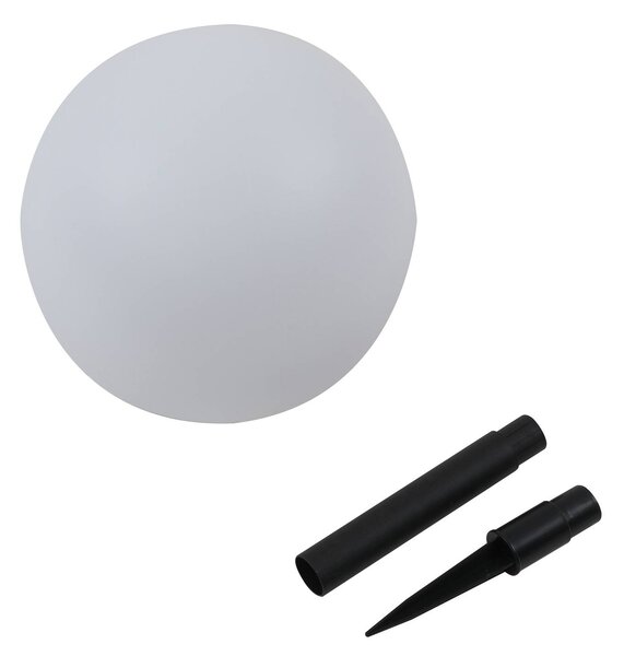 Lindby LED napelemes lámpa Lago, Ø 25 cm, gömb, földi tüske, fehér, Fehér / opál, Műanyag, Modern