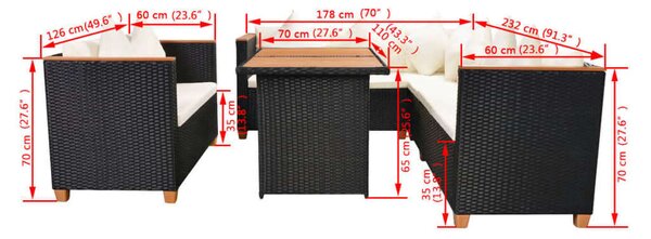 VidaXL 5-részes fekete polyrattan kerti bútorszett párnákkal