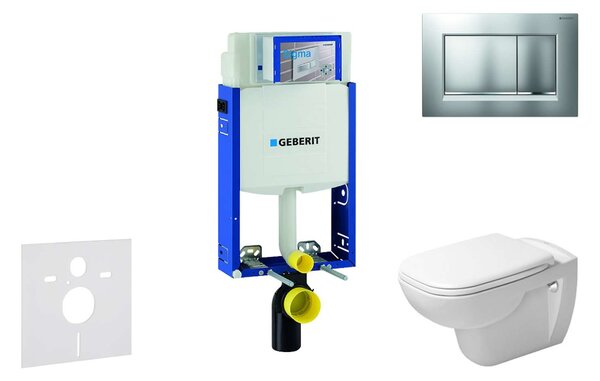 Geberit Kombifix - Modul fali WC-hez nyomógombbal Sigma30, matt króm/króm + Duravit D-Code - WC és ülőke, perem nélküli, SoftClose 110.302.00.5 NH7