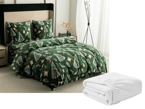 Mikroplüss ágyneműhuzat szett GREEN CHRISTMAS zöld + mikroplüss lepedő SOFT 90x200 cm fehér, egyszemélyes