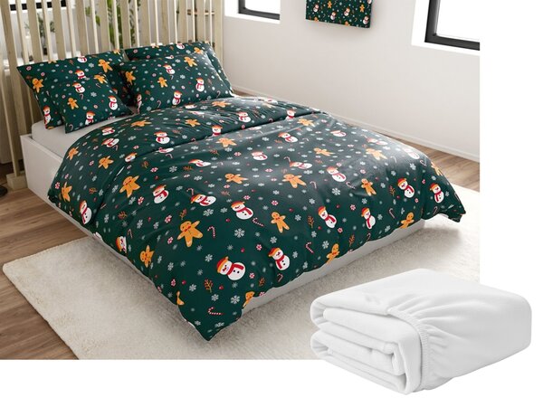 Mikroplüss ágyneműhuzat szett SNOWMAN AND GINGERBREAD zöld + mikroplüss lepedő SOFT 90x200 cm fehér, egyszemélyes ágyhoz