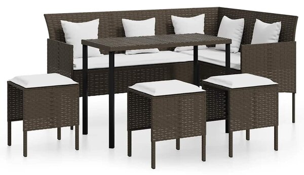 5 személyes barna polyrattan L-alakú kanapészett párnákkal