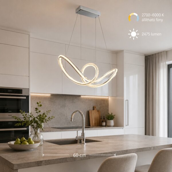 EVANGELINE LED függőlámpa, króm, 60 cm, 45W, 2475 lm, 2700–6000K