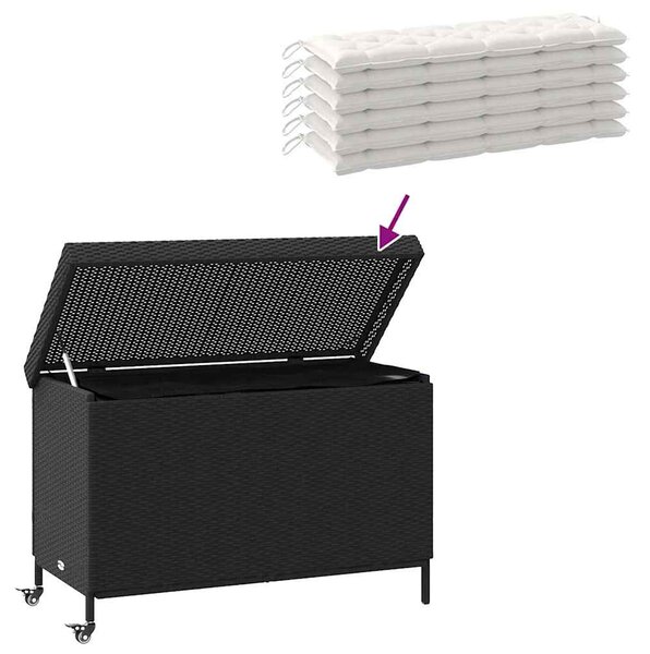 Fekete polyrattan kerti tárolóláda kerekekkel 110x55x73 cm