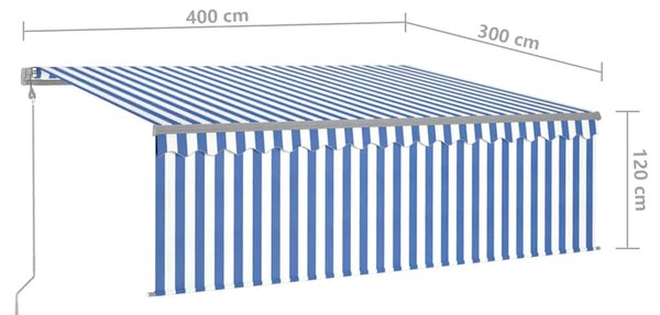 Kék és fehér redőnyös, szélérzékelős, LED-es napellenző 4x3 m