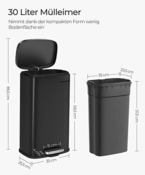 30 literes pedálos szemetes, acél, belső vödörrel, halk záródású fedéllel, fekete