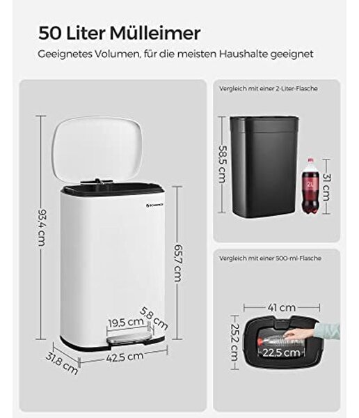 Konyhai pedálos kuka, 50L szemetes kuka, műanyag belső vödörrel, csukható fedéllel, puha záródással, szagálló és higiénikus, fehér