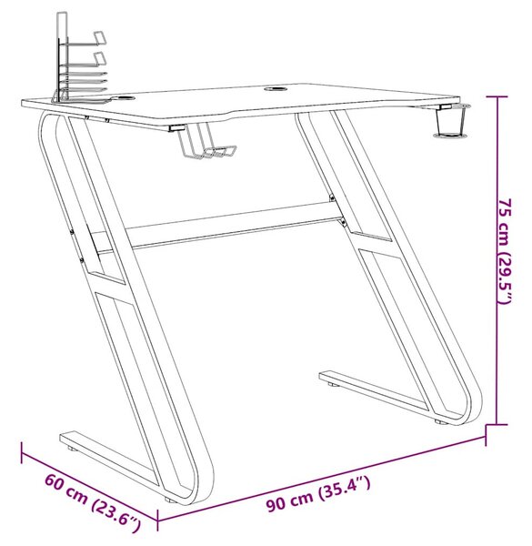 Fekete ZZ-lábú gamer asztal 90 x 60 x 75 cm