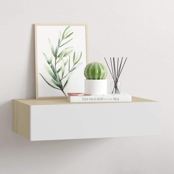 Falra szerelhető fiókos polc tölgyfa és fehér színben 40 x 23,5 x 10 cm MDF