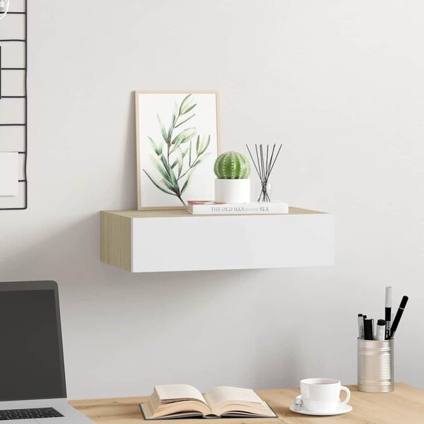 Falra szerelhető fiókos polc tölgyfa és fehér színben 40 x 23,5 x 10 cm MDF