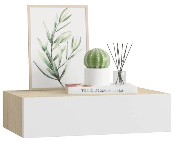 Falra szerelhető fiókos polc tölgyfa és fehér színben 40 x 23,5 x 10 cm MDF
