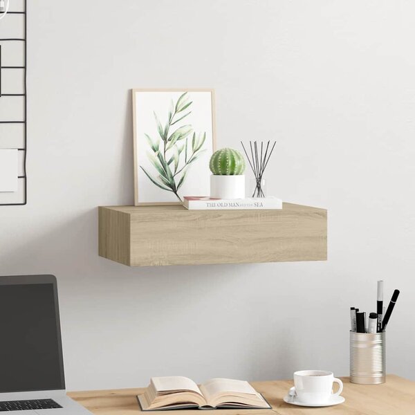 Tölgyszínű MDF falra szerelhető fiókos polc 40 x 23,5 x 10 cm