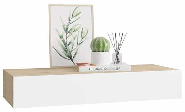 Falra szerelhető fiókos polc tölgyfa és fehér színben 60 x 23,5 x 10 cm MDF