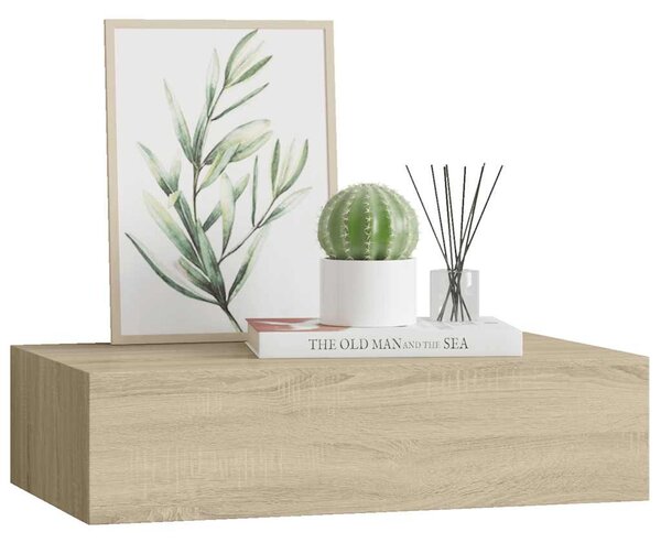 Tölgyszínű MDF falra szerelhető fiókos polc 40 x 23,5 x 10 cm