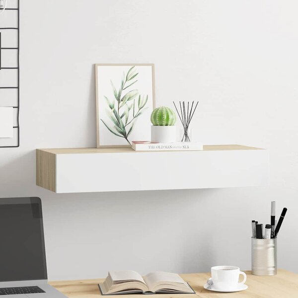 Falra szerelhető fiókos polc tölgyfa és fehér színben 60 x 23,5 x 10 cm MDF