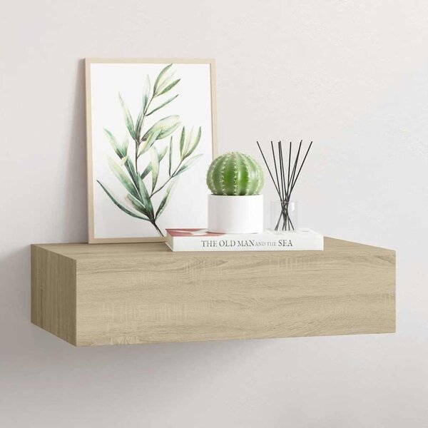 Tölgyszínű MDF falra szerelhető fiókos polc 40 x 23,5 x 10 cm