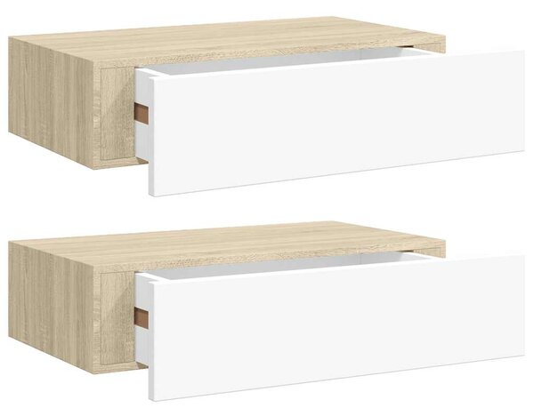 2 db tölgyszínű és fehér MDF fiókos fali polc 40 x 23,5 x 10 cm