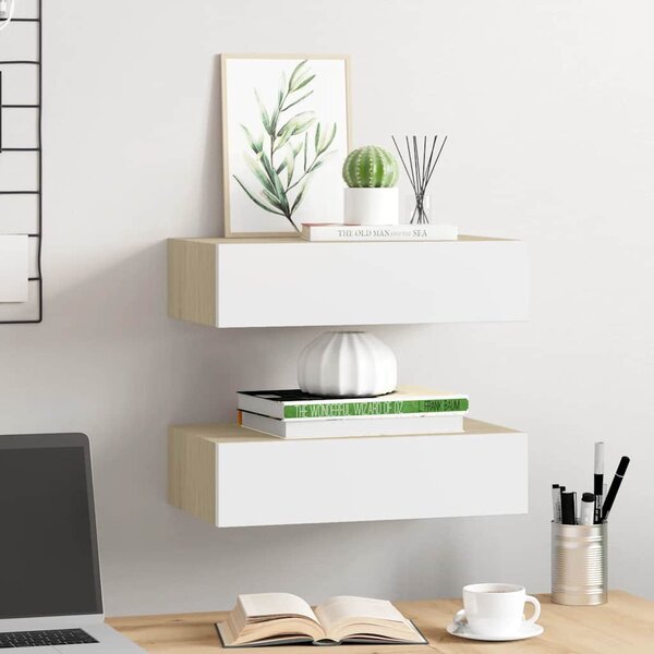 2 db tölgyszínű és fehér MDF fiókos fali polc 40 x 23,5 x 10 cm