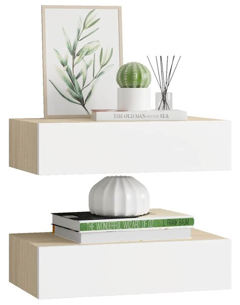 2 db tölgyszínű és fehér MDF fiókos fali polc 40 x 23,5 x 10 cm