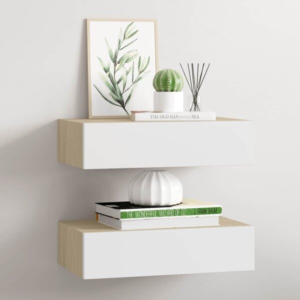 2 db tölgyszínű és fehér MDF fiókos fali polc 40 x 23,5 x 10 cm