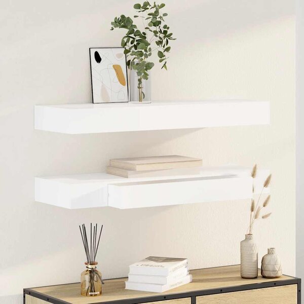 2 db fehér lebegő fali polc fiókkal 80 cm