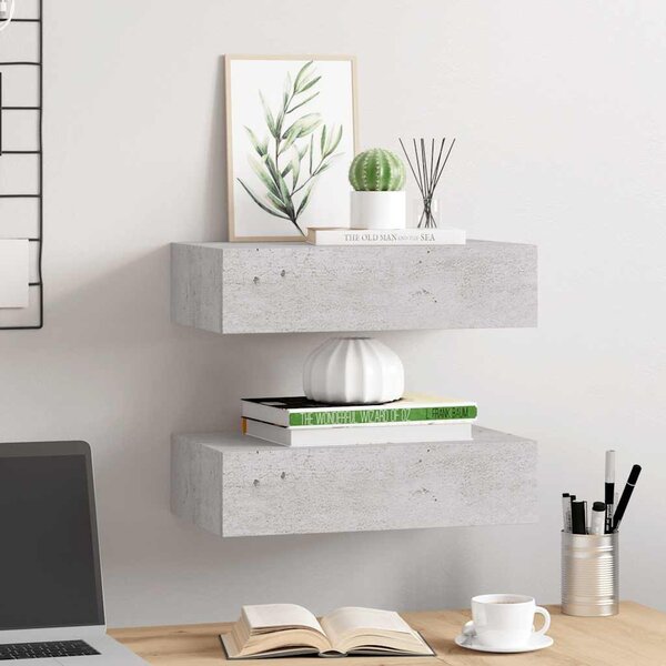2 db betonszürke MDF falra szerelhető fiókos polc 40x23,5x10 cm