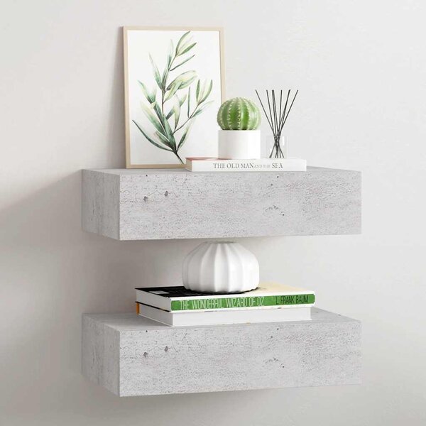2 db betonszürke MDF falra szerelhető fiókos polc 40x23,5x10 cm