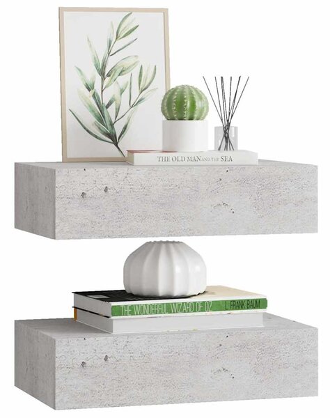 2 db betonszürke MDF falra szerelhető fiókos polc 40x23,5x10 cm