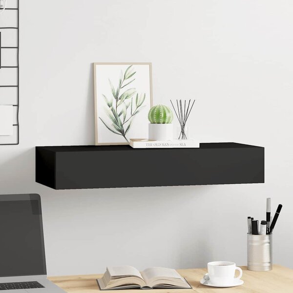 Fekete MDF falra szerelhető fiókos polc 60 x 23,5 x 10 cm