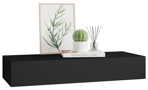 Fekete MDF falra szerelhető fiókos polc 60 x 23,5 x 10 cm