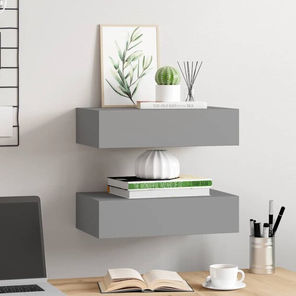 2 db szürke MDF falra szerelhető fiókos polc 40 x 23,5 x 10 cm