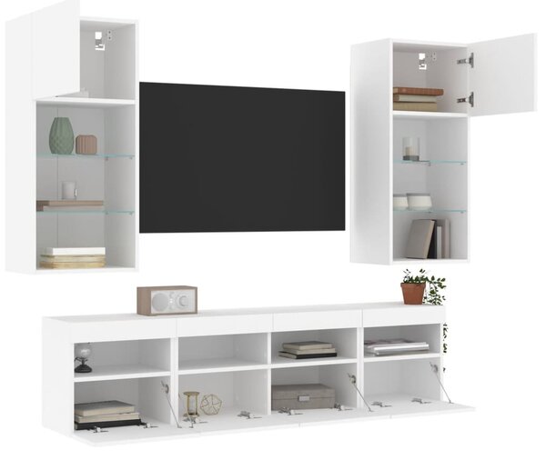 5 darab fehér szerelt fa fali TV-bútor LED-del