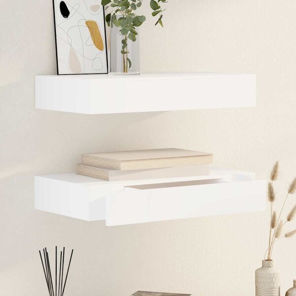 2 db fehér lebegő fali polc fiókkal 48 cm