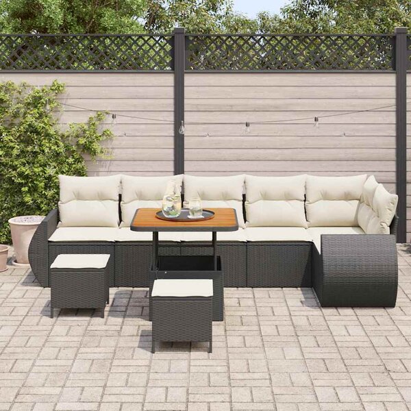 Kerti Kanapé Szett párnával 9 pcs Fekete és Krém Poly Rattan