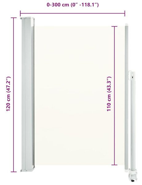 Krémszínű behúzható oldalsó terasz napellenző 120 x 300 cm