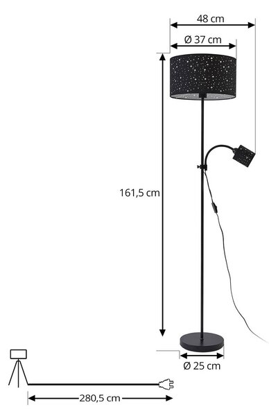Lindby Melanie állólámpa, fekete, szövet, Ø 36 cm, 2-lámpás., Fekete, Nappali / Étkező, fém, Modern