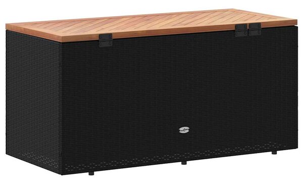 Fekete polyrattan és akácfa kerti tárolóláda 110 x 50 x 54 cm