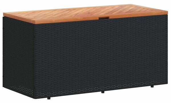 Fekete polyrattan és akácfa kerti tárolóláda 110 x 50 x 54 cm